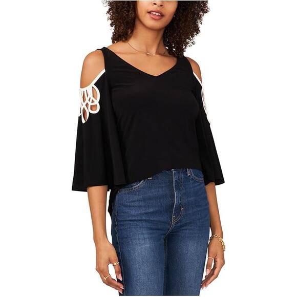 Vince Camuto Black Top with Strappy Flare Sleeves - Picture 3 of 13